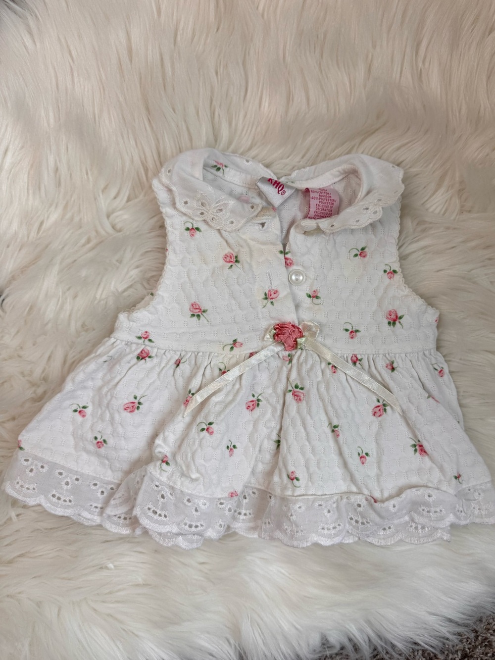 Vintage White Sleeveless Baby Top with Pink Rose Print